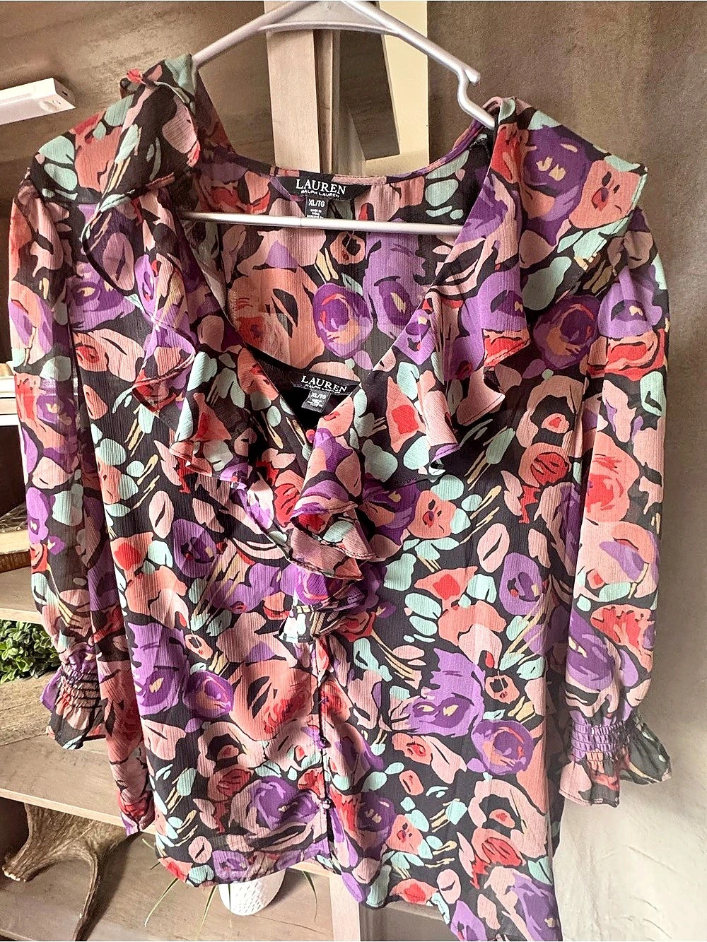 Lauren Ralph Lauren Floral Ruffle-Trim Georgette Blouse Purple & Pink XL